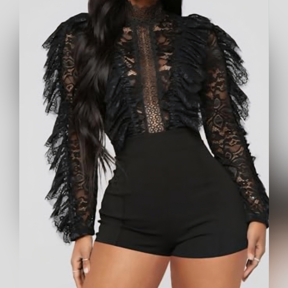 Fashion Nova Pants - Fashion Nova Black Lace Ruffle High-Neck Blouse Jumpsuit M/L